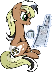 Size: 325x450 | Tagged: safe, artist:isegrim87, derpibooru import, oc, oc:unity (brony fair), unofficial characters only, pony, unicorn, brony fair, digital art, female, glowing horn, horn, image, levitation, magic, magic aura, mare, mascot, mug, newspaper, png, reading, simple background, sitting, solo, telekinesis, transparent background