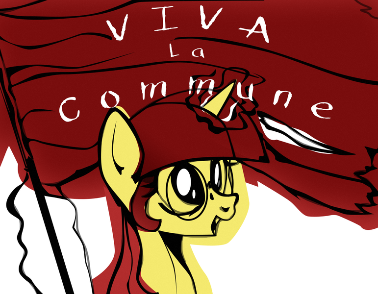 Size: 1275x992 | Tagged: safe, artist:aaronmk, deleted from derpibooru, derpibooru import, oc, oc:lefty pony, pony, unicorn, communism, female, flag, freckles, glasses, image, magic, mare, png, simple background, text, white background