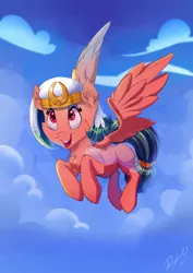 Size: 2480x3508 | Tagged: safe, artist:tony-retro, derpibooru import, somnambula, pegasus, pony, cheek fluff, chest fluff, cloud, ear fluff, female, flying, high res, image, jpeg, mare, open mouth, sky, solo, spread wings, wings