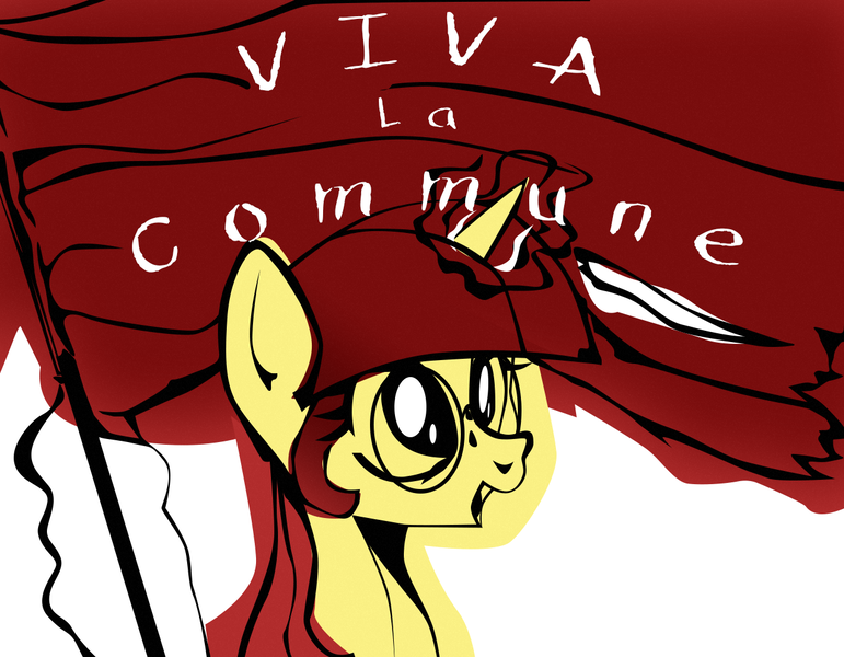 Size: 1275x992 | Tagged: safe, artist:aaronmk, derpibooru import, oc, oc:lefty pony, unofficial characters only, pony, unicorn, communism, female, flag, freckles, glasses, image, magic, mare, png, simple background, solo, text, white background