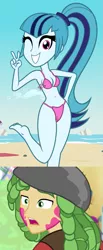 Size: 643x1560 | Tagged: suggestive, artist:kingdark0001, derpibooru import, edit, edited screencap, screencap, sandalwood, sonata dusk, a banner day, equestria girls, beach, belly button, bikini, breasts, clothes, cropped, cute, feet, female, image, looking at you, male, one eye closed, peace sign, png, sandata, shipping, shipping domino, show accurate, sleeveless, smiling, sonatabetes, straight, summer, surprised, swimsuit, wink