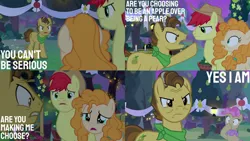 Size: 1280x720 | Tagged: safe, derpibooru import, edit, edited screencap, editor:quoterific, screencap, bright mac, grand pear, mayor mare, pear butter, earth pony, pony, the perfect pear, candle, image, jpeg, night, non-dyed mayor, pear tree, tree