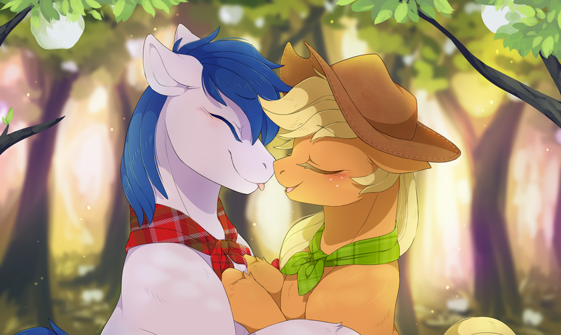 Size: 2000x1196 | Tagged: safe, artist:mr-tiaa, derpibooru import, applejack, oc, oc:constance everheart, pony, apple, apple tree, applejack's hat, bandana, blushing, canon x oc, cowboy hat, cuddling, everjack, eyes closed, female, food, hat, hug, image, male, mare, orchard, plaid, png, shipping, smiling, snuggling, stallion, straight, tongue out, tree, unshorn fetlocks