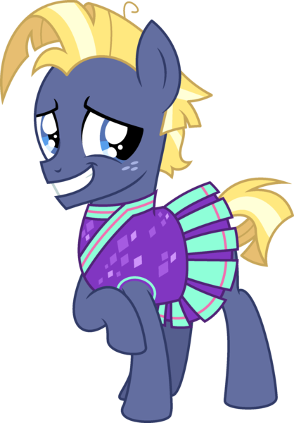 Size: 1773x2548 | Tagged: safe, artist:peternators, derpibooru import, star tracker, earth pony, pony, cheerleader, cheerleader outfit, clothes, colt, cosplay, costume, crossdressing, crossplay, grin, image, male, nervous, nervous grin, png, simple background, skirt, smiling, solo, starcrossed, teenager, transparent background, two toned mane