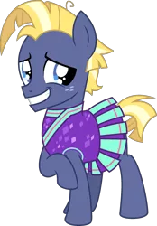 Size: 1773x2548 | Tagged: safe, artist:peternators, derpibooru import, star tracker, earth pony, pony, cheerleader, cheerleader outfit, clothes, colt, cosplay, costume, crossdressing, crossplay, grin, image, male, nervous, nervous grin, png, simple background, skirt, smiling, solo, starcrossed, teenager, transparent background, two toned mane