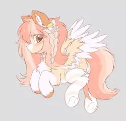 Size: 1500x1438 | Tagged: safe, artist:roisutangu, derpibooru import, oc, oc:marrubi, unofficial characters only, pegasus, pony, blushing, bow, braid, butt freckles, chest fluff, choker, clothes, ear fluff, female, flower, fluffy, flying, food, freckles, frog (hoof), hooves up, image, looking back, mare, markings, png, simple background, socks, strawberry, striped socks, underhoof, wings