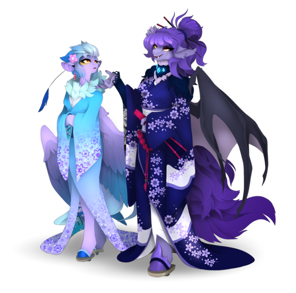 Size: 2647x2620 | Tagged: safe, artist:taiga-blackfield, derpibooru import, kimono, oc, oc:amelia, oc:empyrea, anthro, bat pony, pegasus, bat pony oc, bat wings, clothes, feather, image, kimono (clothing), pegasus oc, png, wings