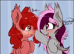 Size: 2150x1577 | Tagged: safe, artist:freefraq, derpibooru import, oc, oc:cherry slime, oc:lilac san, bat pony, goo, goo pony, original species, bat pony oc, bat wings, boop, cute, image, png, scrunchy face, weapons-grade cute, wings