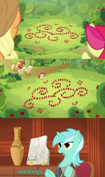 Size: 1280x2152 | Tagged: safe, derpibooru import, edit, edited screencap, editor:fluttershyisnot adoormat, screencap, apple bloom, applejack, big macintosh, granny smith, lyra heartstrings, going to seed, ancient aliens, apple, apple tree, arabesque pattern, crop circle, food, giorgio a. tsoukalos, image, jpeg, meme, tree