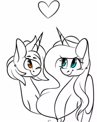 Size: 1080x1350 | Tagged: safe, artist:tessa_key_, derpibooru import, oc, unofficial characters only, alicorn, pony, unicorn, alicorn oc, bust, duo, eyelashes, heart, horn, image, jpeg, lineart, oc x oc, partial color, shipping, simple background, smiling, unicorn oc, white background, wings