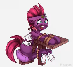 Size: 2400x2227 | Tagged: safe, alternate version, artist:freak-side, derpibooru import, fizzlepop berrytwist, tempest shadow, pony, unicorn, blank flank, bondage, broken horn, commission, crying, eye scar, feather, female, fetish, frog (hoof), hand, hoof fetish, horn, horn ring, image, jewelry, laughing, magic, magic hands, magic suppression, mare, open mouth, png, ring, rope, rope bondage, scar, simple background, sitting, solo, sweat, table, tears of laughter, teary eyes, tickle fetish, tickle torture, tickling, underhoof, white background, ych result