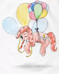 Size: 3127x3888 | Tagged: safe, artist:40kponyguy, derpibooru import, pinkie pie, earth pony, pony, balloon, cute, cutie mark background, derpibooru exclusive, ear fluff, female, floating, image, jpeg, looking at you, mare, one eye closed, party whistle, simple background, solo, then watch her balloons lift her up to the sky, traditional art, wink