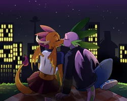 Size: 2026x1609 | Tagged: safe, artist:traupa, derpibooru import, smolder, spike, anthro, commission, eyes closed, female, image, jpeg, kissing, male, shipping, spolder, straight