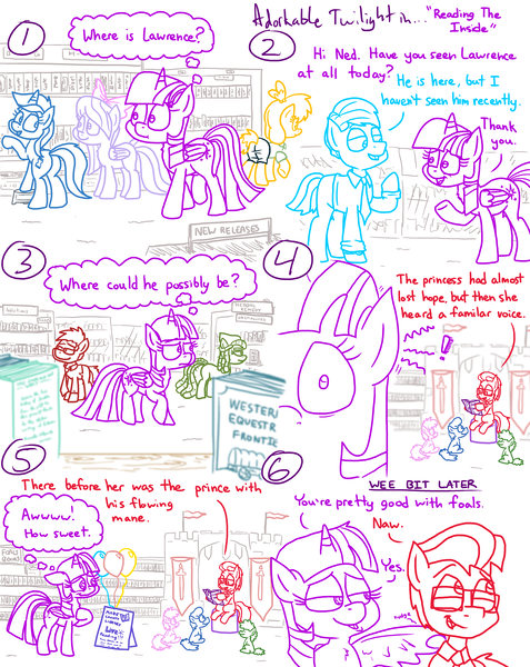 Size: 4779x6013 | Tagged: safe, artist:adorkabletwilightandfriends, derpibooru import, flitter, minuette, tree hugger, twilight sparkle, twilight sparkle (alicorn), oc, oc:isabelle, oc:ned, oc:red, oc:tax pirate, oc:trevor, alicorn, pony, comic:adorkable twilight and friends, adorkable, adorkable twilight, attraction, blurr, book, bow, butt, castle, clothes, comic, cute, dork, dreadlocks, female, filly, flirt, foal, friendship, glasses, image, library, listening, necktie, nudge, plot, png, reading, relationship, scooter scout, sitting, skirt, slice of life, stool, wings