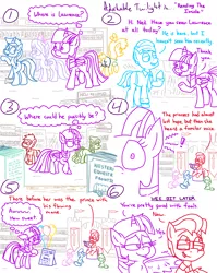 Size: 4779x6013 | Tagged: safe, artist:adorkabletwilightandfriends, derpibooru import, flitter, minuette, tree hugger, twilight sparkle, twilight sparkle (alicorn), oc, oc:isabelle, oc:ned, oc:red, oc:tax pirate, oc:trevor, alicorn, pony, comic:adorkable twilight and friends, adorkable, adorkable twilight, attraction, blurr, book, bow, butt, castle, clothes, comic, cute, dork, dreadlocks, female, filly, flirt, foal, friendship, glasses, image, library, listening, necktie, nudge, plot, png, reading, relationship, scooter scout, sitting, skirt, slice of life, stool, wings