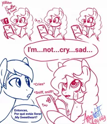 Size: 1562x1808 | Tagged: safe, artist:amgiwolf, derpibooru import, oc, oc:amgi, oc:applewolf, unofficial characters only, earth pony, pony, bust, comic, crying, dialogue, earth pony oc, female, hoof hold, image, jpeg, lineart, male, mare, signature, simple background, stallion, transparent background, white background