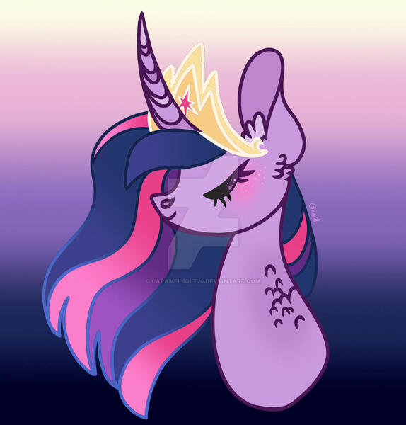 Size: 1280x1339 | Tagged: safe, artist:caramelbolt24, derpibooru import, princess twilight 2.0, twilight sparkle, twilight sparkle (alicorn), alicorn, pony, the last problem, blushing, deviantart watermark, ear fluff, eyelashes, eyes closed, female, gradient background, horn, image, jewelry, jpeg, mare, obtrusive watermark, older, older twilight, smiling, tiara, watermark