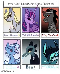 Size: 1124x1381 | Tagged: safe, artist:caramelbolt24, derpibooru import, derpy hooves, king sombra, trixie, twilight sparkle, twilight sparkle (alicorn), alicorn, anthro, pegasus, pony, unicorn, six fanarts, anthro with ponies, bea, chest fluff, crossover, curved horn, ear fluff, female, horn, image, jpeg, male, mare, night in the woods, one eye closed, roblox, stallion, wink
