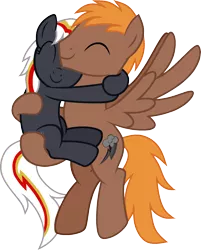 Size: 1529x1899 | Tagged: safe, artist:pegasski, derpibooru import, oc, oc:calamity, oc:velvet remedy, earth pony, pegasus, pony, fallout equestria, base used, bridal carry, carrying, duo, earth pony oc, eyes closed, female, holding a pony, hug, image, male, mare, pegasus oc, png, smiling, stallion, wings