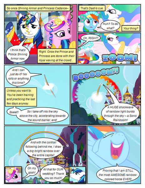 Size: 612x792 | Tagged: safe, artist:newbiespud, derpibooru import, edit, edited screencap, screencap, princess cadance, princess celestia, shining armor, alicorn, pony, unicorn, comic:friendship is dragons, a canterlot wedding, canterlot castle, clothes, comic, confetti, dialogue, eyelashes, eyes closed, female, flower, flower in hair, flying, image, male, mare, mountain, open mouth, outdoors, peytral, png, rainbow, raised hoof, screencap comic, shiningcadance, shipping, sonic rainboom, straight, waving