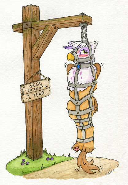 Size: 1000x1438 | Tagged: questionable, artist:icaron, derpibooru import, gilda, gryphon, blushing, bondage, bondage furniture, cage, gem, gibbet, hanging, image, long term, paws, png