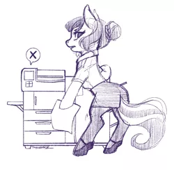 Size: 1808x1774 | Tagged: safe, artist:taytinabelle, derpibooru import, oc, unnamed oc, unofficial characters only, earth pony, pony, semi-anthro, annoyed, black and white, businessmare, clothes, female, grayscale, hair bun, hoof shoes, image, looking at you, looking back, looking back at you, looking over shoulder, mare, monochrome, office, paper, png, printer, shoes, simple background, sketch, skirt, socks, solo, standing, stockings, thigh highs, white background