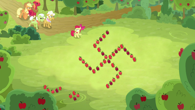 Size: 1920x1080 | Tagged: safe, edit, edited screencap, screencap, apple bloom, applejack, big macintosh, goldie delicious, granny smith, earth pony, apple, food, image, jpeg, nazi, swastika