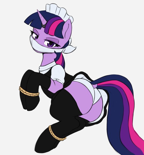 Size: 1443x1554 | Tagged: suggestive, artist:tre, derpibooru import, twilight sparkle, pony, unicorn, bondage, bound and gagged, butt, cloth gag, clothes, dock, dress, female, gag, image, jpeg, lidded eyes, looking at you, maid, panties, rope, rope bondage, skirt, socks, solo, solo female, stockings, thigh highs, twibutt, underwear