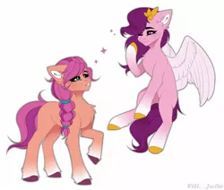 Size: 1700x1440 | Tagged: safe, artist:villjulie, derpibooru import, pipp, sunny starscout, earth pony, pegasus, pony, braid, chest fluff, duo, ear fluff, female, g5, image, jpeg, looking at each other, mare, raised hoof, simple background, sparkles, unshorn fetlocks, white background, wings