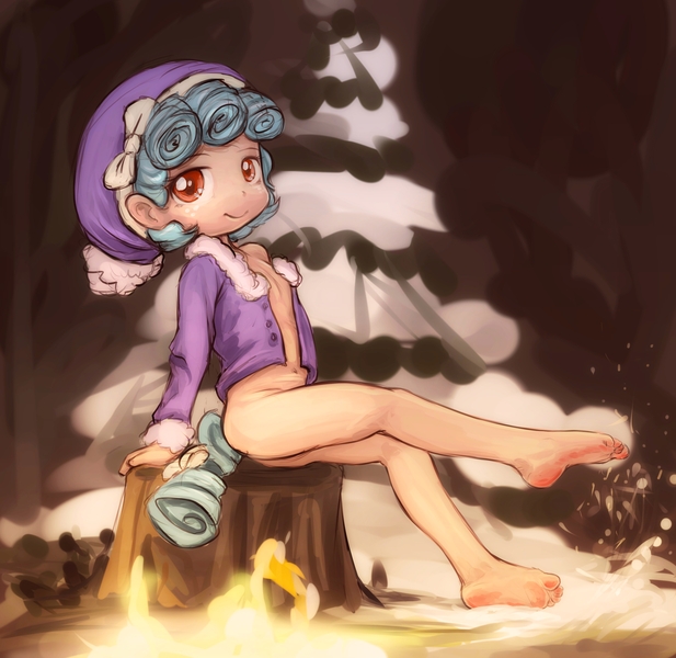 Size: 2911x2831 | Tagged: suggestive, artist:darkstylerz, banned from derpibooru, ponybooru import, cozy glow, human, ass, barefoot, bottomless, butt, campfire, clothes, feet, female, fire, freckles, hat, humanized, image, jacket, jpeg, lolicon, looking at you, partial nudity, snow, solo, solo female, tailed humanization, underage