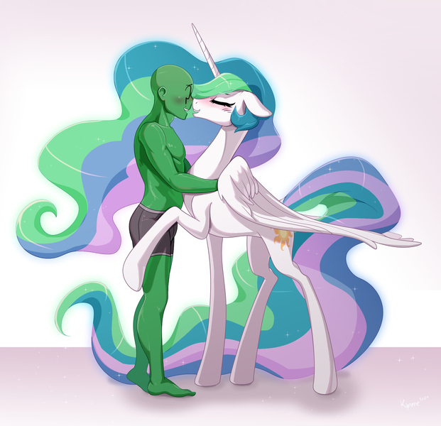 Size: 1868x1804 | Tagged: safe, artist:rabidpepper, derpibooru import, princess celestia, oc, oc:anon, alicorn, human, pony, blushing, canon x oc, female, human male, human on pony action, image, interspecies, jpeg, male, straight