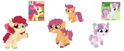 Size: 1750x725 | Tagged: safe, artist:ponyrasmeii, derpibooru import, apple bloom, scootaloo, sweetie belle, earth pony, pegasus, pony, unicorn, bow, coat markings, comparison, cutie mark crusaders, hair bow, hair ribbon, image, male to female, nextgen:rasmeiiverse, painted hooves, pigtails, png, redesign, redraw, rule 63, size difference, socks (coat marking), underbelly