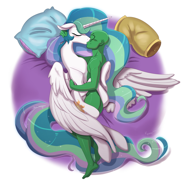 Size: 1920x1920 | Tagged: questionable, artist:rabidpepper, derpibooru import, princess celestia, oc, oc:anon, alicorn, human, pony, canon x oc, human male, human on pony action, human on pony snuggling, image, interspecies, jpeg, male, snuggling