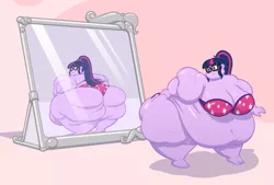 Size: 1850x1247 | Tagged: suggestive, artist:bonusart, derpibooru import, sci-twi, twilight sparkle, equestria girls, belly, big belly, big breasts, bingo wings, bra, breasts, butt, cellulite, clothes, embarrassed, fat, glasses, huge belly, huge butt, image, impossibly large belly, impossibly large butt, large belly, large butt, mirror, morbidly obese, obese, panties, png, reflection, rolls of fat, sci-twilard, solo, twilard sparkle, underwear
