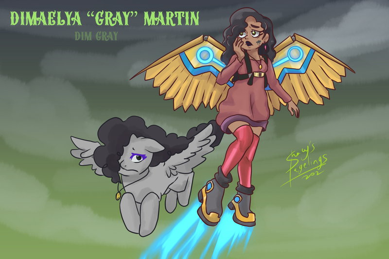 Size: 1772x1181 | Tagged: safe, artist:shacy's pagelings, derpibooru import, oc, oc:dim gray, human, pegasus, pony, female, flying, humanized, image, png, solo