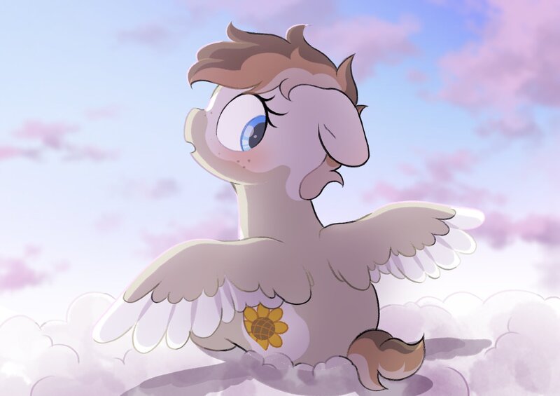 Size: 2048x1446 | Tagged: safe, artist:mochi_nation, derpibooru import, oc, oc:sunrich maron, unofficial characters only, pegasus, pony, blushing, cloud, cute, female, floppy ears, freckles, image, jpeg, looking back, mare, ocbetes, on a cloud, sitting, sitting on cloud, solo, spread wings, wings