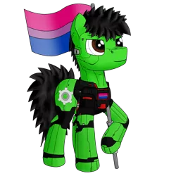 Size: 1280x1280 | Tagged: safe, artist:zocidem, derpibooru import, oc, oc:wrench, unofficial characters only, cyborg, earth pony, pony, armor, augmented, bisexual pride flag, image, png, pride, pride flag, solo