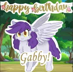 Size: 512x508 | Tagged: safe, artist:i swear on the river styx, derpibooru import, oc, oc:gabriel, unofficial characters only, bat pony, pegasus, pony, birthday, birthday art, female, forest, image, png, text, tree