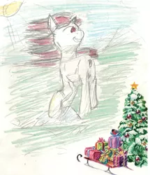 Size: 2791x3240 | Tagged: safe, artist:barhandar, oc, oc:blackjack, unofficial characters only, pony, unicorn, fallout equestria, fallout equestria: project horizons, christmas, christmas tree, colored sketch, coloring error, female, holiday, image, jpeg, mare, present, raised leg, scenery, sketch, sled, smiling, solo, traditional art, tree, wind, windswept mane, windswept tail