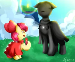 Size: 1463x1210 | Tagged: safe, artist:starflashing twinkle, derpibooru import, apple bloom, earth pony, bowknot, candle, candlelight, cape, clothes, cloud, cute, fire, grass, image, open mouth, png, sky, sky:children of the light, sunlight