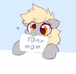 Size: 496x483 | Tagged: safe, artist:mirtash, derpibooru import, edit, derpy hooves, pegasus, pony, blue background, cute, derpabetes, female, heart, image, mare, mouth hold, png, sign, simple background, smiling, solo, your mom