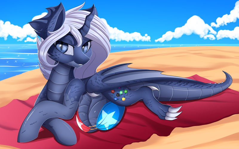 Size: 5189x3228 | Tagged: questionable, artist:ask-colorsound, derpibooru import, oc, oc:shimmer solstice, dracony, dragon, hybrid, pony, beach, big crotchboobs, bikini, bra, clothes, crotchboobs, crotchbra, huge crotchboobs, image, impossibly large crotchboobs, nudity, png, swimsuit, tail, underwear, wings