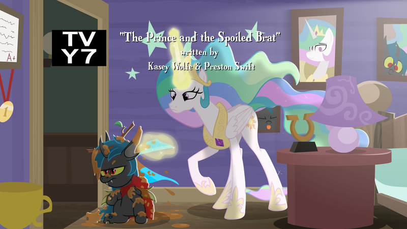 Size: 1920x1080 | Tagged: safe, artist:brutalweather studio, derpibooru import, princess celestia, oc, oc:bandit, adopted offspring, bedroom, cape, celestia is not amused, clothes, fake screencap, i can't believe it's not hasbro studios, image, jpeg, lamp, medal, momlestia, mud, trophies, trophy, unamused