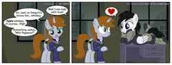 Size: 4200x1600 | Tagged: suggestive, artist:knightoftheraven, derpibooru import, oc, oc:littlepip, pegasus, pony, unicorn, fallout equestria, game: fallout equestria: remains, 2 panel comic, armor, blushing, bored, closed mouth, clothes, combat armor, comic, crossover, desk, enclave, enclave armor, english, failed a spot check, female, grand pegasus enclave, greentext, heart, high res, hooves on cheeks, horn, image, imminent sex, inkscape, lesbian, lidded eyes, looking at each other, looking down, manehattan, mare, open mouth, pegasus oc, pipbuck, png, raised hoof, raised leg, ruins, shipping, shrunken pupils, skyscraper, smiling, speech bubble, squishy cheeks, standing, talking, text, this will end in snu snu, vault suit, vector, wall of tags, wasteland, window, wings