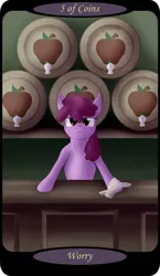 Size: 1500x2591 | Tagged: safe, artist:sixes&sevens, derpibooru import, berry punch, berryshine, earth pony, bar, barrel, female, five of coins, image, looking at you, minor arcana, png, rag, solo, tarot card, unamused