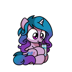 Size: 1000x1000 | Tagged: safe, artist:sugar morning, derpibooru import, part of a set, izzy moonbow, pony, unicorn, animated, can, chibi, cute, drinking, female, frame by frame, g5, gif, image, mare, simple background, sitting, solo, sugar morning's snacc and drincc, transparent background