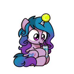 Size: 1000x1000 | Tagged: safe, artist:sugar morning, derpibooru import, part of a set, izzy moonbow, pony, unicorn, animated, ball, can, chibi, cute, drinking, female, frame by frame, g5, gif, hornball, image, izzy's tennis ball, mare, simple background, sitting, solo, sugar morning's snacc and drincc, tennis ball, transparent background