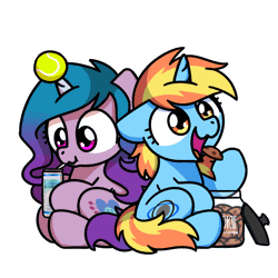 Size: 1000x1000 | Tagged: safe, artist:sugar morning, derpibooru import, part of a set, izzy moonbow, oc, pony, unicorn, animated, can, chibi, cookie, cookie jar, cute, drinking, eating, female, food, frame by frame, g5, gif, image, mare, simple background, sitting, sugar morning's snacc and drincc, transparent background