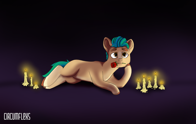 Size: 2000x1264 | Tagged: safe, artist:circumflexs, derpibooru import, hitch trailblazer, earth pony, pony, candle, fire, flower, flower in mouth, g5, hoof on face, image, looking at you, lying, male, melting, mouth hold, png, romantic, rose, rose in mouth, solo, stallion, unshorn fetlocks