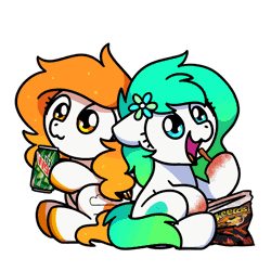 Size: 1000x1000 | Tagged: safe, artist:sugar morning, derpibooru import, part of a set, oc, oc:gumdrop, oc:rising dawn, unofficial characters only, earth pony, pegasus, pony, animated, cheetos, chibi, cute, daaaaaaaaaaaw, drinking, eating, female, food, frame by frame, gif, image, mare, mountain dew, ocbetes, simple background, sitting, sugar morning's snacc and drincc, transparent background